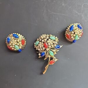 Vintage Hollycraft Brooch Earrings Set Fruit Salad Glass Pearl Gold Tone